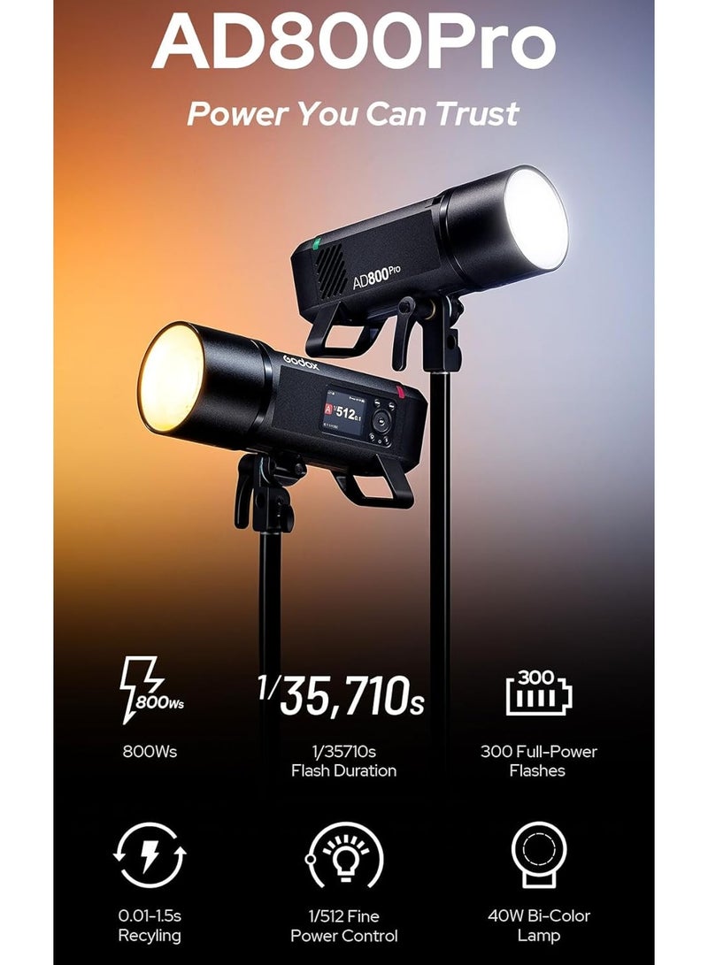 جودوكس فلاش Godox AD800 Pro خارجي بقوة 800 واط/ثانية مع TTL وHSS حتى 1/8000 ثانية – فلاش احترافي ببطارية، وضع ثبات الألوان، إضاءة نمذجة ثنائية اللون 40 واط وشاشة ملونة 2.8 بوصة - Image 2